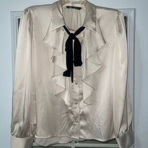 Zara Cream Satin Ruffle Blouse with Black Neck Tie